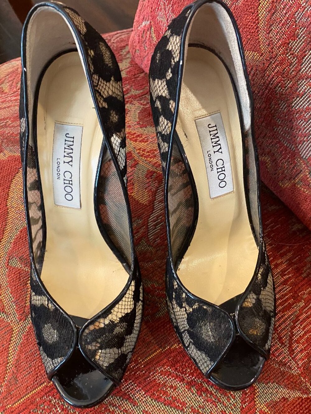 Vintage Jimmy Choo Black Lace Peep-Toe Platform Heels